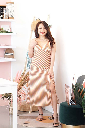 Paradise City Stripes Satin Maxi Dress in Brown