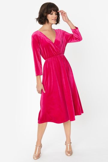 Vintage Style Fuchsia Pink Velvet Sleeved Midi Dress