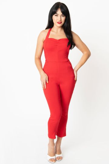 Unique Vintage 1950s Style Red Halter Marcel Cropped Jumpsuit