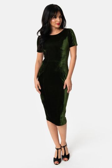 Unique Vintage 1960s Olive Green Velvet Short Sleeve Stretch Mod Wiggle Dress