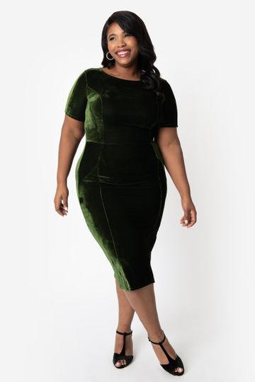 Unique Vintage Plus Size 1960s Olive Green Velvet Short Sleeve Stretch Mod Wiggle Dress