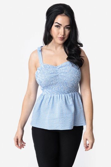 Unique Vintage Blue & White Gingham Seersucker Bitsy Peplum Top