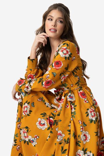 Unique Vintage Mustard & Multicolor Floral Long Sleeve Farrah Maxi Dress