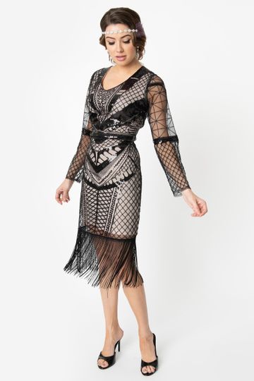 Unique Vintage 1920s Beige & Black Sequin Long Sleeve Odila Flapper Dress