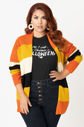 Plus Size Fall Stripe Open Cotton Knit Cardigan