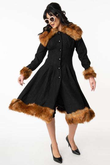 Collectif Vintage Black Wool & Fur Pearl Coat