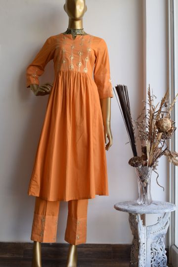 Mustard Pittan Work Cotton Kurta and Pant Set