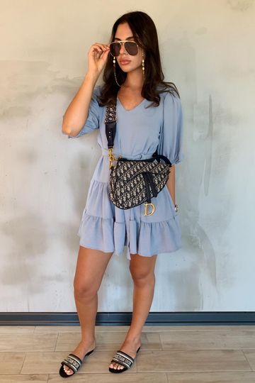 CAMILLE Blue Tiered Belted Puff Sleeve Smock Dress