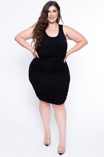 Plus Size Sides Ruched Bodycon Dress - Black