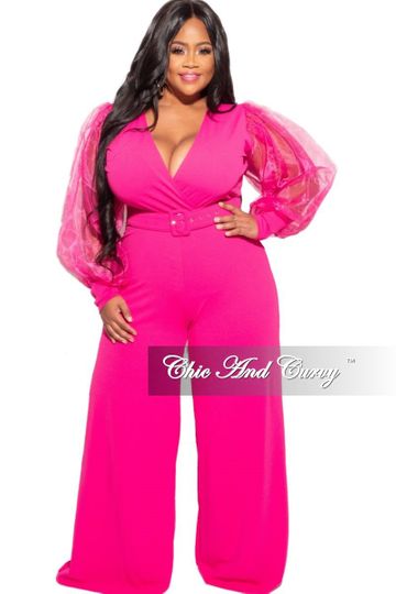 Final Sale Plus Size Sheer Sleeve Faux Wrap Belted Jumpsuit in Fuchsia