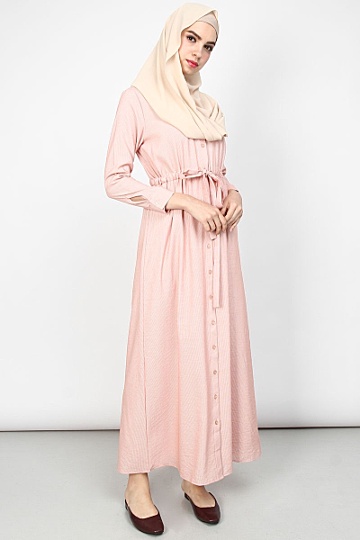 Tyannah Front Button Drawstring Dress - Salmon Stripe