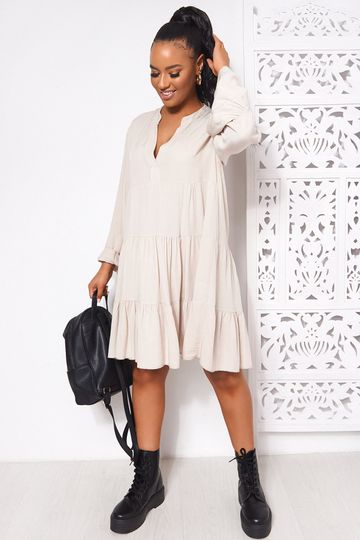 Beige Long Sleeve Smock Dress