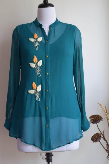 Teal Blue Embroidered Shirt Top