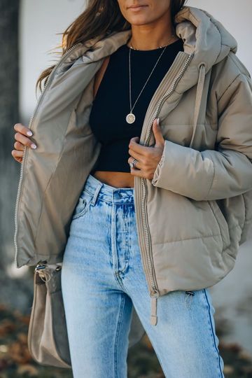 Stay Awhile Pocketed Hooded Puffer Jacket - Khaki