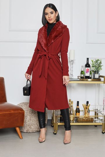 Cardigan with Faux Fur Collar (Burgundy)- FINAL SALE