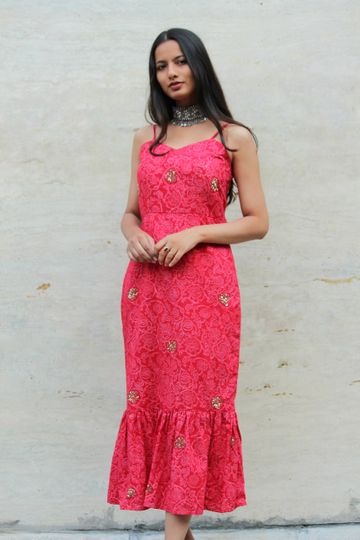 Red Flounce Midi Dress