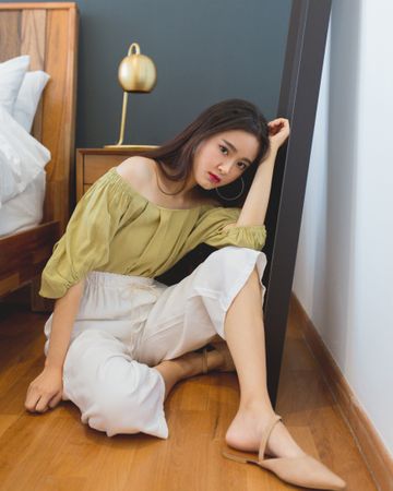 Pleated Off Shoulder Blouse (MUSTARD GREEN)