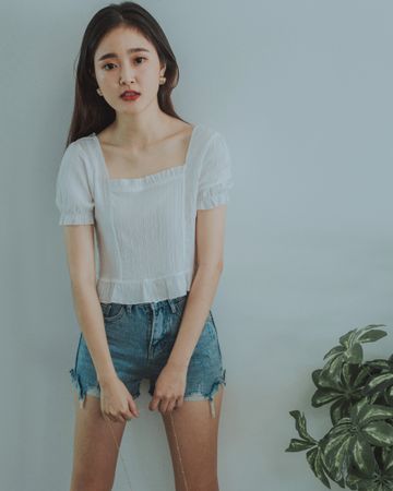 Square Neck Ruffle Trim Crop Top (WHITE)