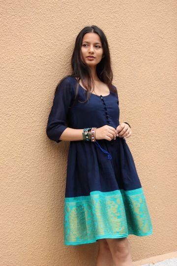 Navy Blue and Teal Fit & Flare Madurai Saree Dress