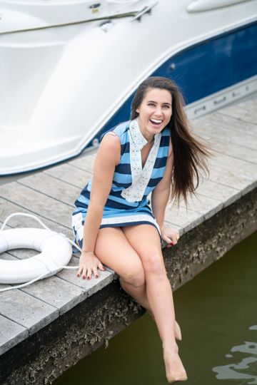 Sail To Sable Striped Sleeveless Tunic Dress w/ White Lace Trim - Navy/Periwinkle Stripe