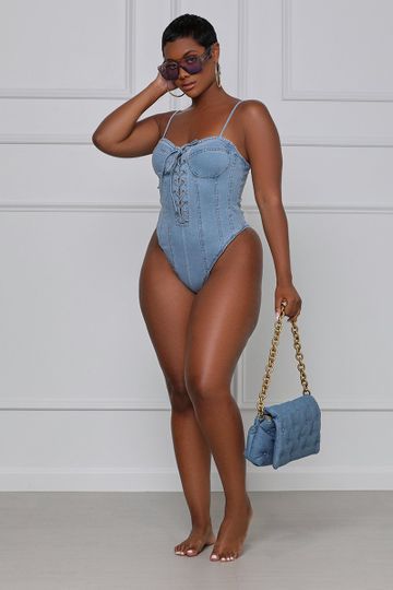 Denim Dip One Piece Bodysuit (Blue)-FINAL SALE