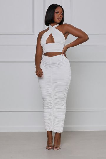 All For U Halter Top Ruched Skirt Set (White)