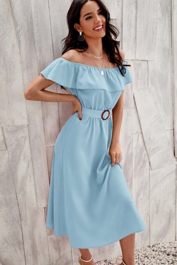 Flounce Off Shoulder Self Buckle Belted Dress