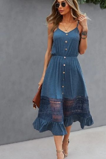 Contrast Lace Button Front Ruffle Hem Cami Dress