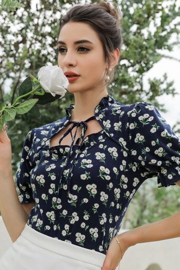 Floral Print Tie Neck Top