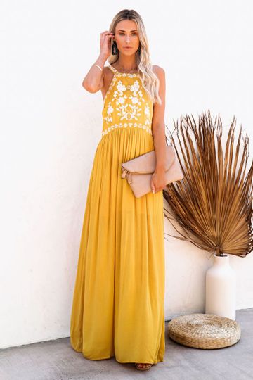 Club Tropicana Embroidered Maxi Dress - Yellow