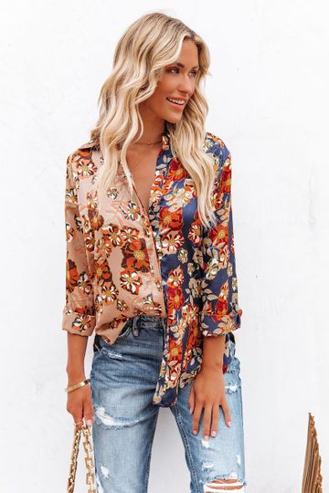 Floral Insight Two-Tone Satin Button Down Blouse