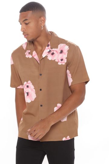 Flower Bloom Short Sleeve Woven Top - Brown Combo