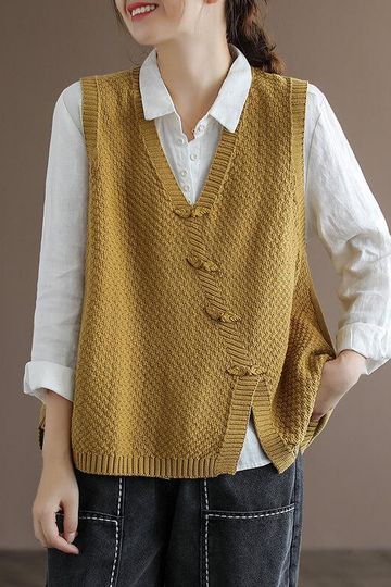 Women V Neck Button Knitted Split Sleeveless Vest Sweater