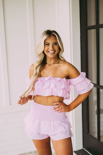 Smocked Gingham Ruffled Shorts Set-Light Pink