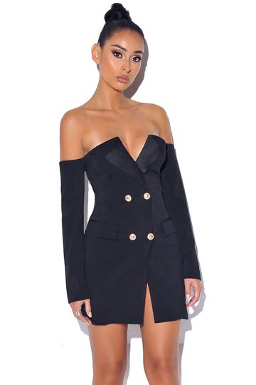 Waiting For Tonight Off Shoulder Black Blazer Dress