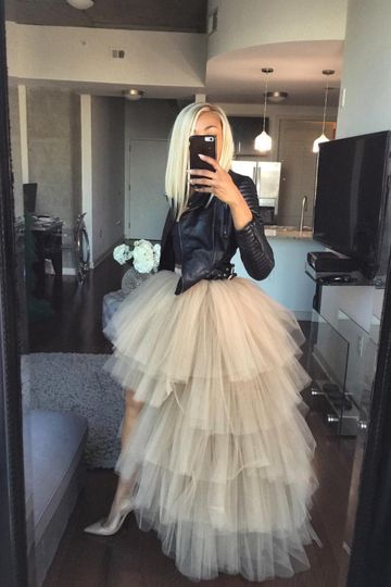 Oyemwen Tiered High Low Tulle Maxi Tutu Skirt Khaki Tan Brown