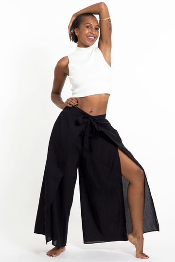 Women's Cotton Wrap Palazzo Pants in Solid Black