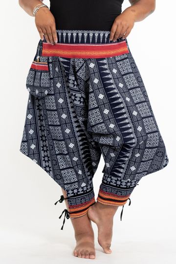Plus Size Traditional Prints Thai Hill Tribe Fabric Men's Harem Pants with Ankle Straps in Navy