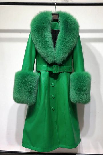 Faux Fur Genuine Leather Coat in Green