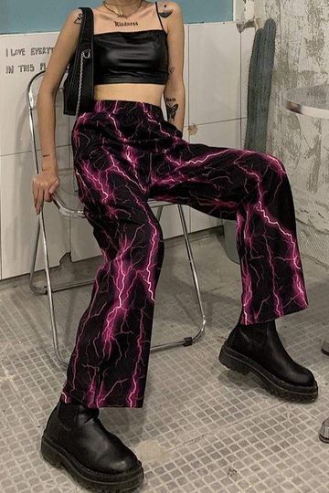 PINK LIGHTNING PRINT ELASTIC WAIST WIDE LEG PANTS