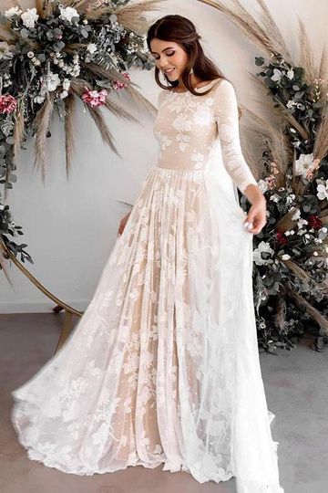 Vintage Lace A Line 3/4 Sleeves Wedding Dresses Elegant Backless Boho Bridal Dress OKW13