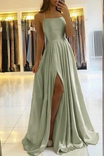 Simple A Line Sage Green Long Prom Dress With Slit Evening Party Dress OKX79