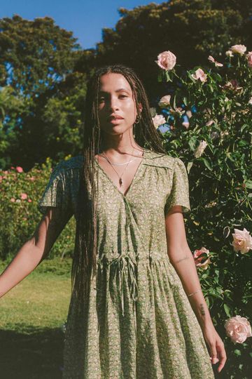 The Dawn Dress | Green Blooming Meadow Silk-Cotton (Pockets)