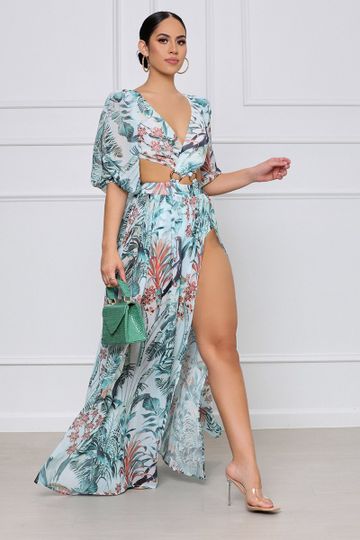 No Dull Moments Tropical Print Maxi Dress (Green Multi)