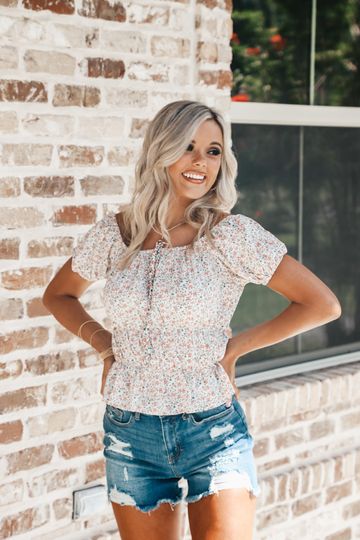 Cream Floral Smocked Waist Blouse