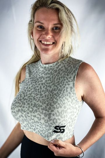 Sexy Yet Savage® SS Logo High Neck Sleeveless Crop Tank | Gray Animal Print