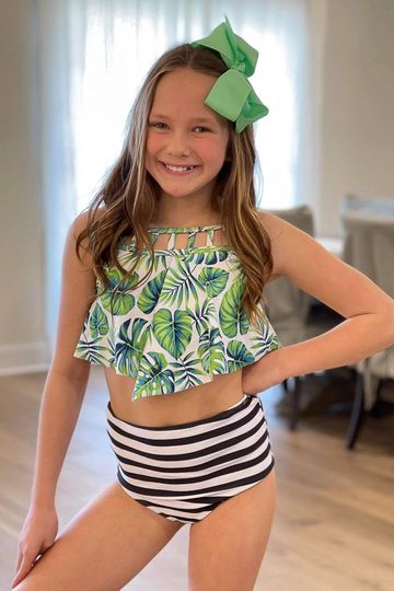 Palm Leaf & Stripes Cage Front Bikini