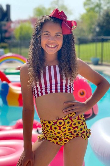Maroon Stripes & Sunflower Ruffle Bikini