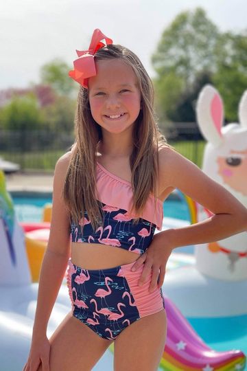 Navy & Pink Flamingo Ruffle Shoulder Bikini