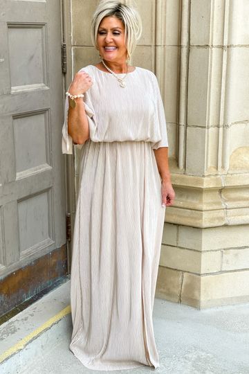 Cape Style Metallic Stripe Pleats Maxi Dress - Available S-3X - Spring Collection